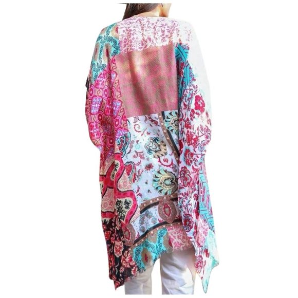 Boho Floral Patchwork Kimono Mint Red Boho Mint Red Wrap Casual Festivals 1 Size - Picture 2 of 3